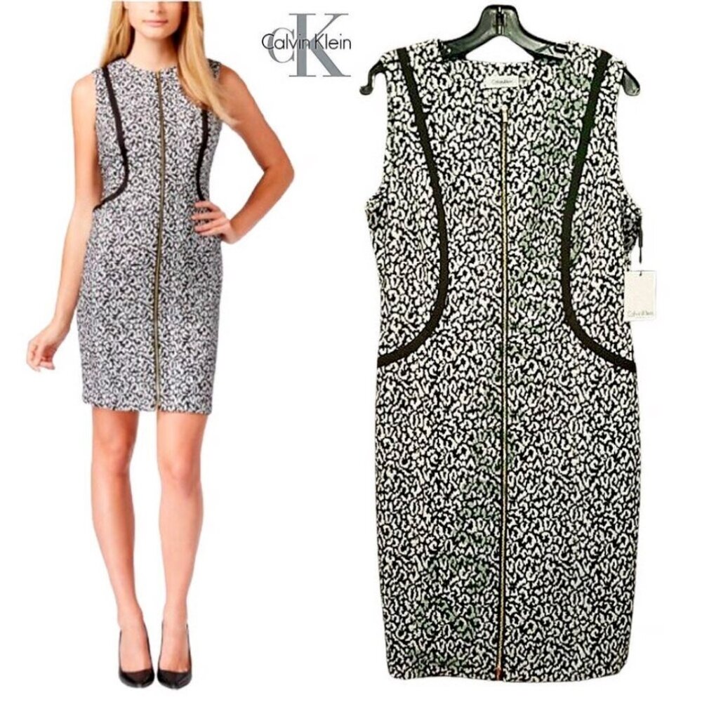 Calvin Klein Black and White Leopard Sheath Midi Dress